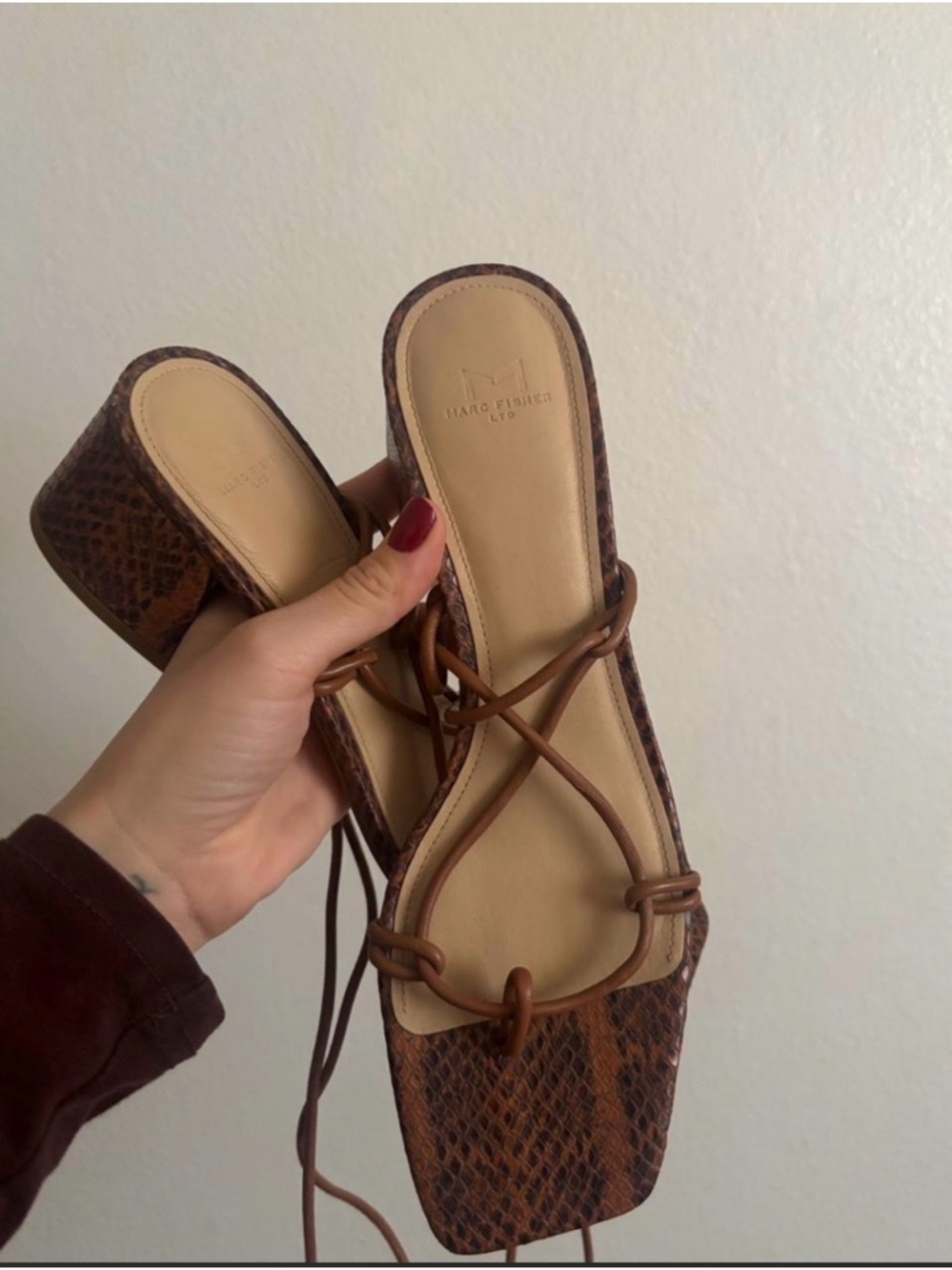 Marc Fisher Brown Snake-Print Lace-Up Block Heel sandals